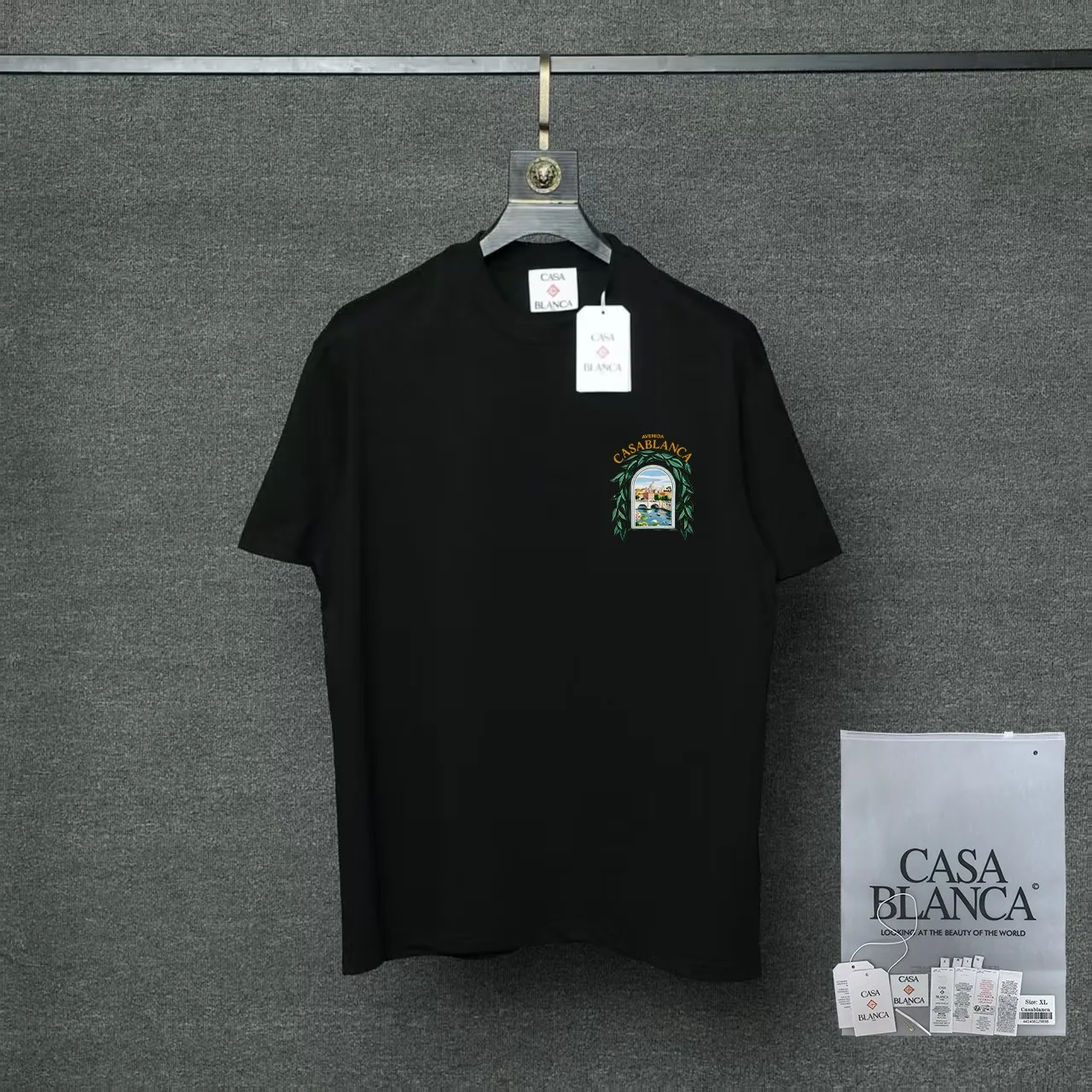 26ss CASABLANCA original printing process short-sleeved T-shirt original development using high-density double yarn pure cotton fabric upper body soft and comfortable color Black White Dark Green color Orange Pink Blue Royal Blue color cigarette powder 8 colors Sizes S M L XL